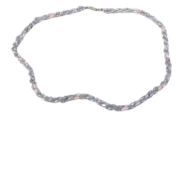 Dyed Pearl Beaded Twisted Pink Silver Bead Necklace 25 Inches Multi Strand - Picture 1 of 10